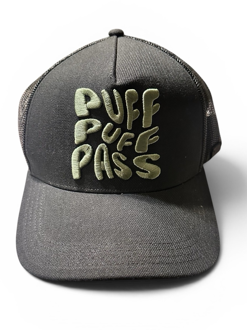 Black Trucker Hat with Olive Green Puff Lettering - "Puff Puff Pass"